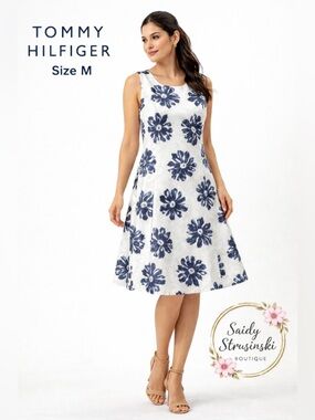 Tommy Hilfiger Floral Sleeveless Dress White Blue Elegant preppy Fit & Flare/M